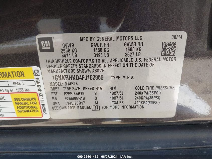 2015 Chevrolet Traverse 2Lt VIN: 1GNKRHKD4FJ162866 Lot: 39601452