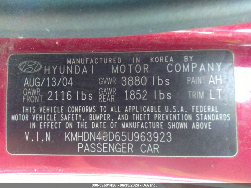 2005 Hyundai Elantra Gls/Gt VIN: KMHDN46D65U963923 Lot: 39601456