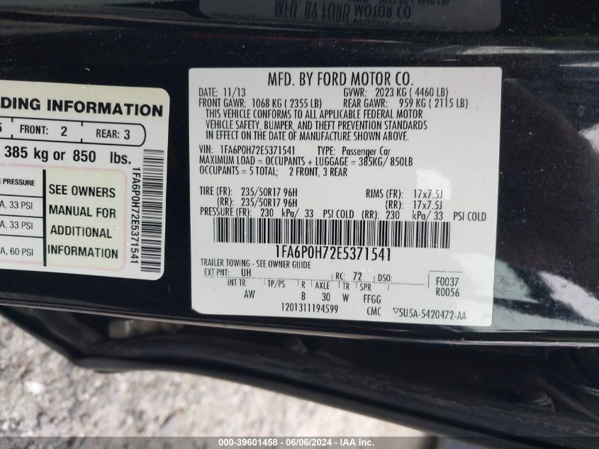 2014 Ford Fusion Se VIN: 1FA6P0H72E5371541 Lot: 39601458