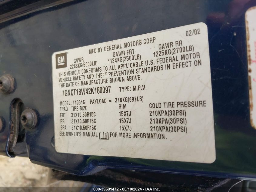 2002 Chevrolet Blazer Ls VIN: 1GNCT18W42K180097 Lot: 39601472