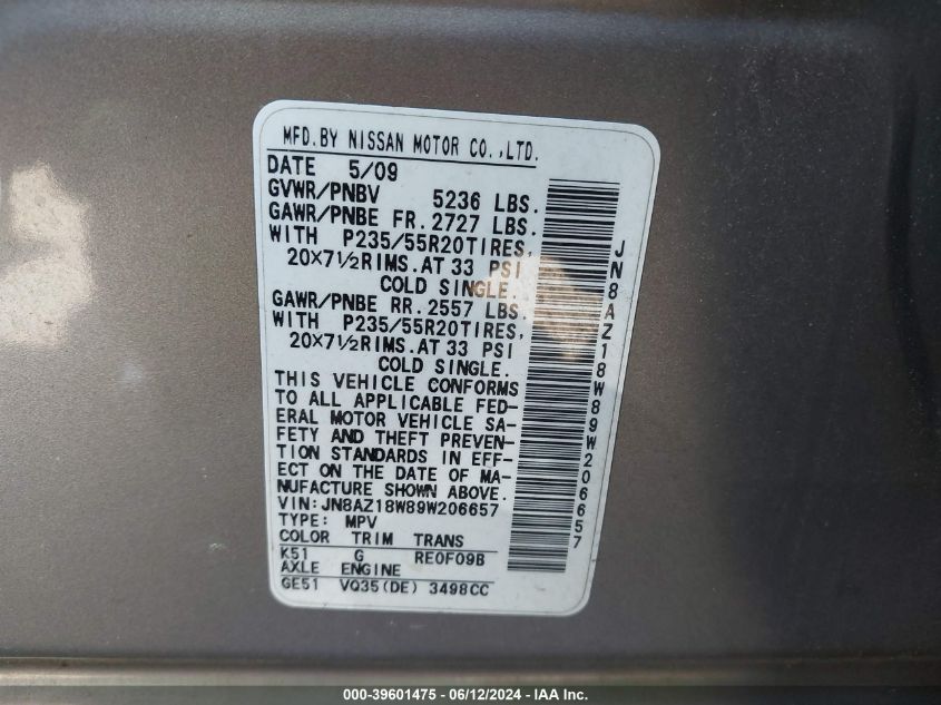 2009 Nissan Murano Le VIN: JN8AZ18W89W206657 Lot: 39601475