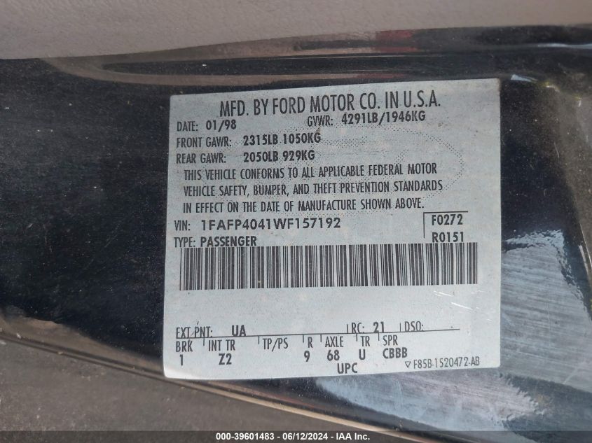 1998 Ford Mustang VIN: 1FAFP4041WF157192 Lot: 39601483