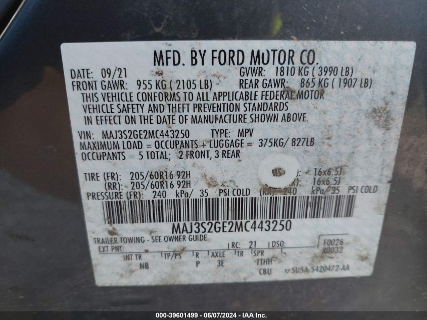 MAJ3S2GE2MC443250 2021 Ford Ecosport Se