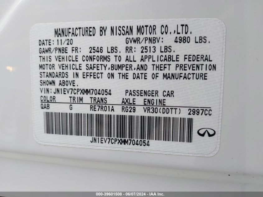 2021 Infiniti Q50 Sensory VIN: JN1EV7CPXMM704054 Lot: 39601508