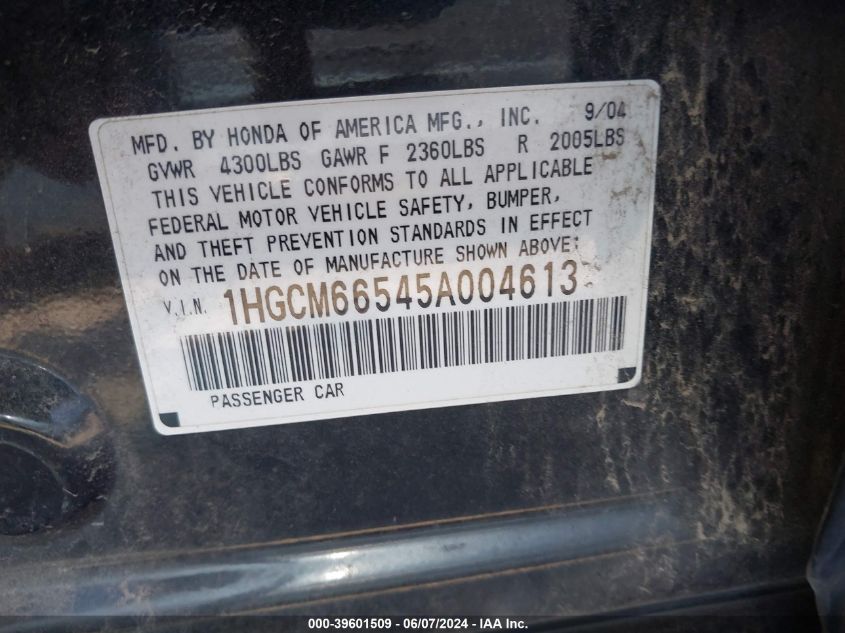 2005 Honda Accord 3.0 Ex VIN: 1HGCM66545A004613 Lot: 39601509