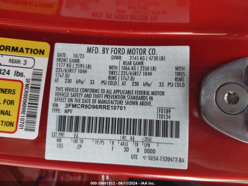 2024 Ford Bronco Sport Badlands VIN: 3FMCR9D96RRE10701 Lot: 39601512