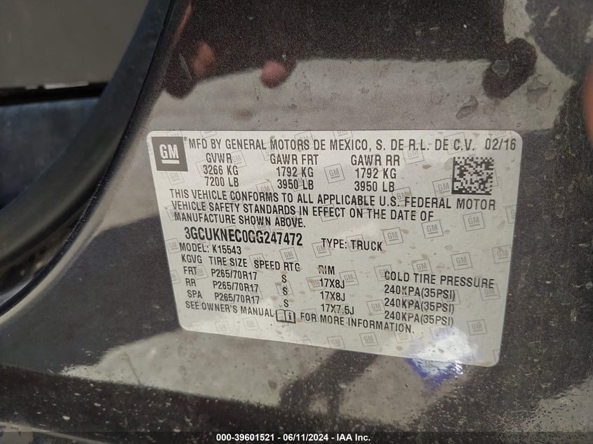 2016 Chevrolet Silverado 1500 Wt VIN: 3GCUKNEC0GG247472 Lot: 39601521
