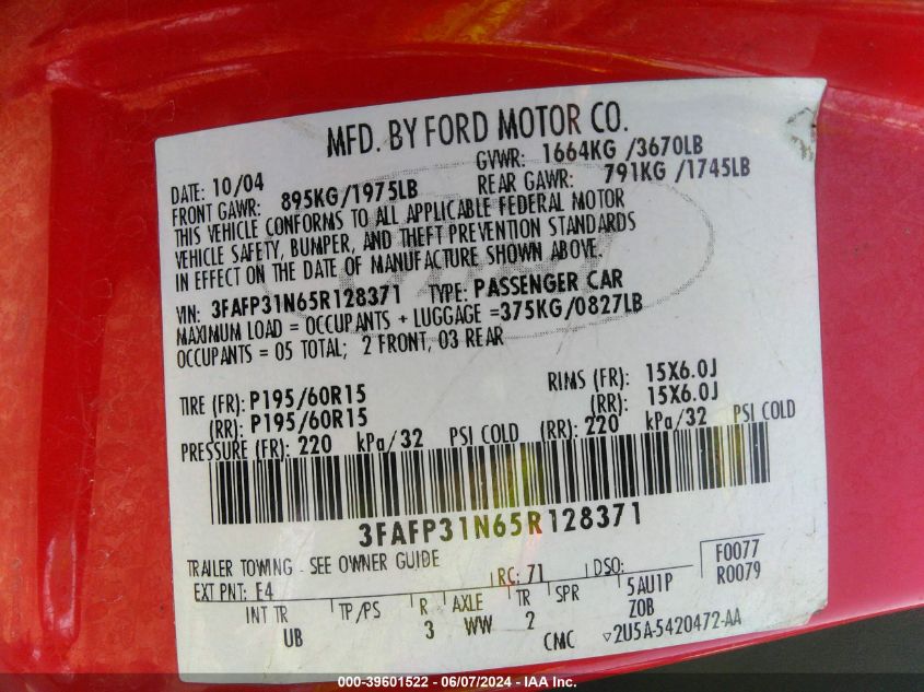 2005 Ford Focus Zx3 VIN: 3FAFP31N65R128371 Lot: 39601522