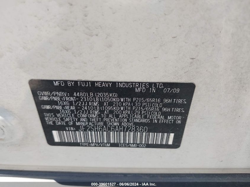 2010 Subaru Forester 2.5X VIN: JF2SH6AC6AH728360 Lot: 39601527