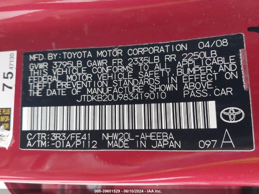 2008 Toyota Prius VIN: JTDKB20U983419010 Lot: 39601529
