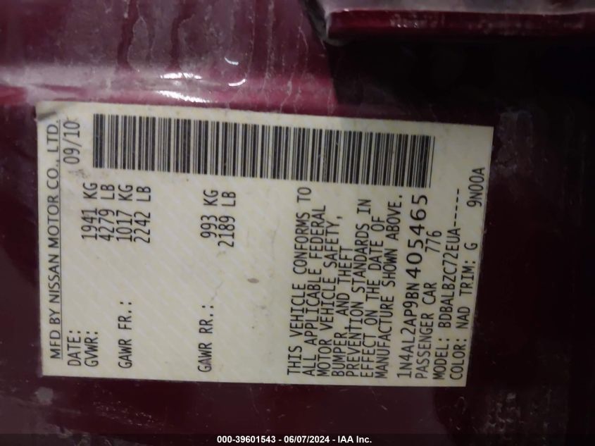 2011 Nissan Altima 2.5 S VIN: 1N4AL2AP9BN405465 Lot: 39601543