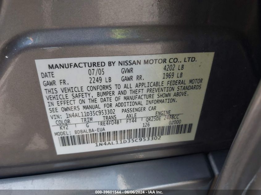 2005 Nissan Altima 2.5 S VIN: 1N4AL11D35C953302 Lot: 39601544