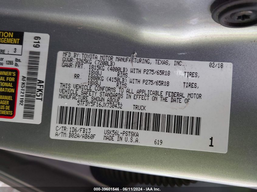 5TFDY5F16JX730432 2018 Toyota Tundra Sr5 5.7L V8