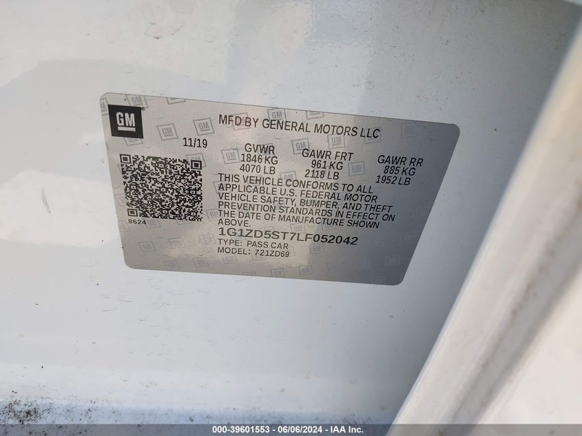 2020 Chevrolet Malibu Fwd Lt VIN: 1G1ZD5ST7LF052042 Lot: 39601553