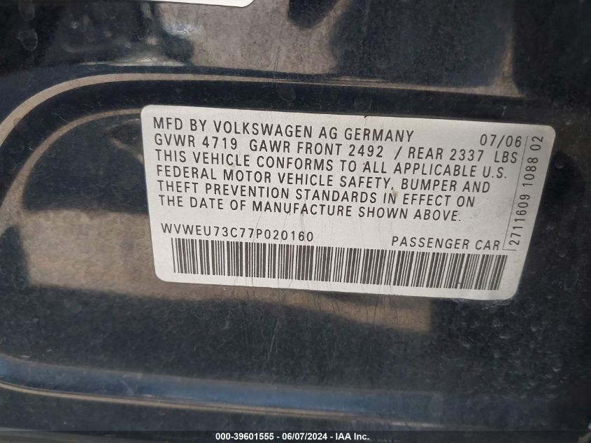 2007 Volkswagen Passat 3.6 VIN: WVWEU73C77P020160 Lot: 39601555