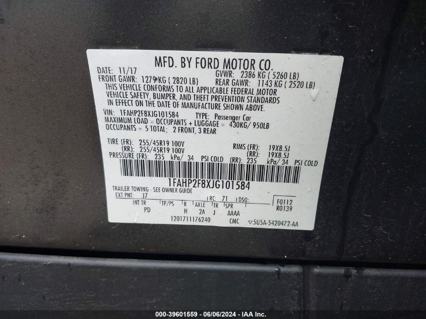 2018 FORD TAURUS LIMITED - 1FAHP2F8XJG101584