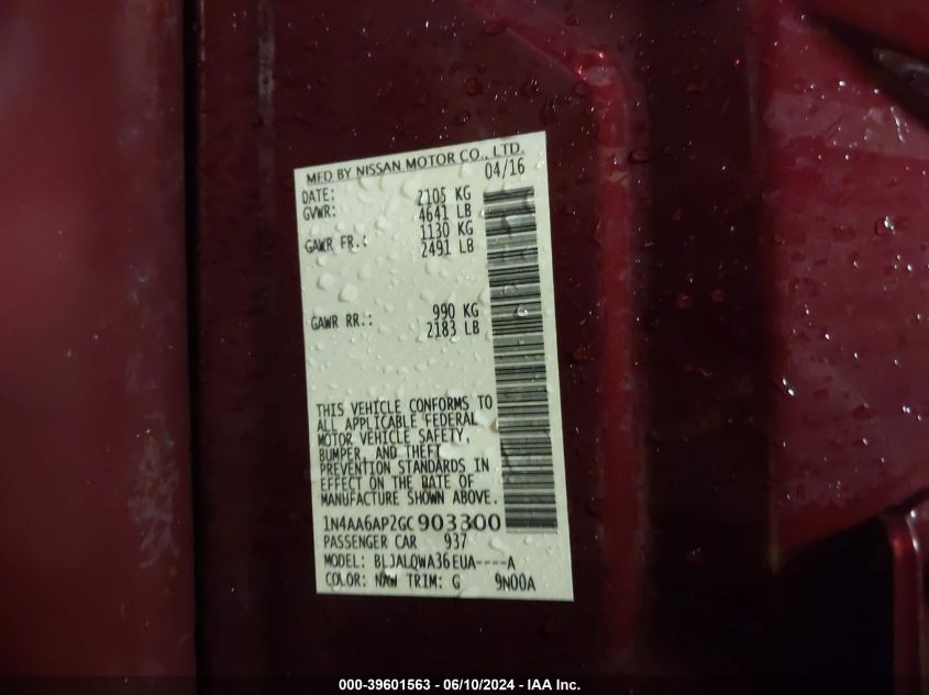 2016 NISSAN MAXIMA 3.5 S - 1N4AA6AP2GC903300