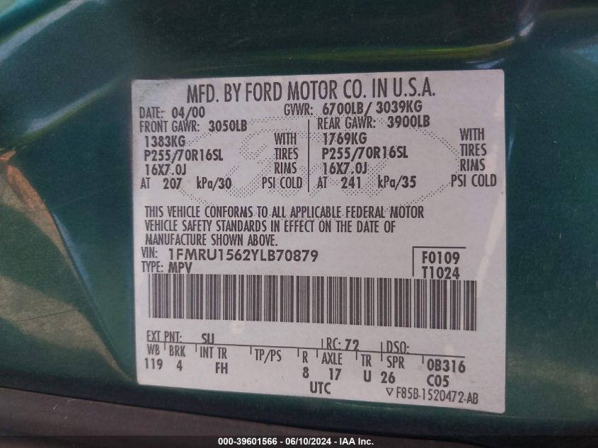 2000 Ford Expedition Xlt VIN: 1FMRU1562YLB70879 Lot: 39601566