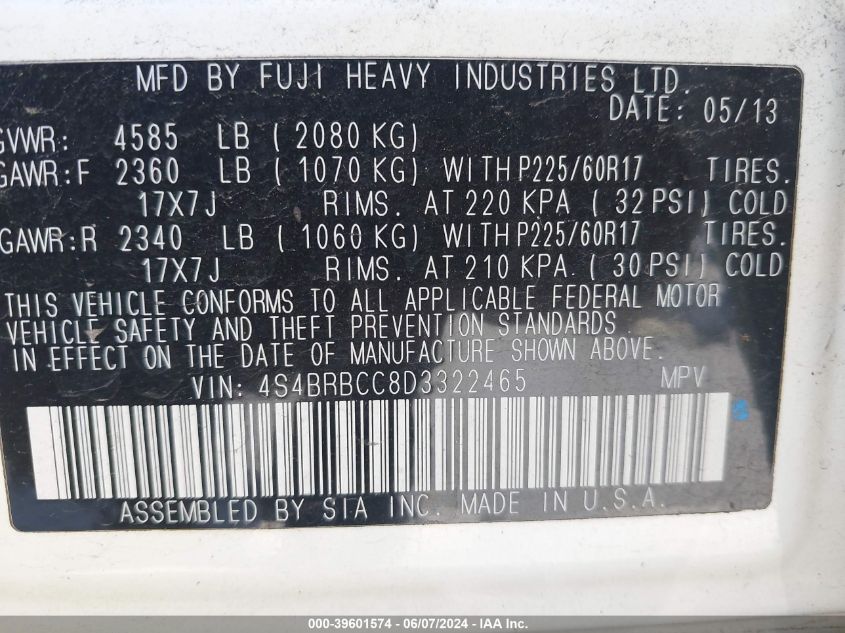 2013 Subaru Outback 2.5I Premium VIN: 4S4BRBCC8D3322465 Lot: 39601574