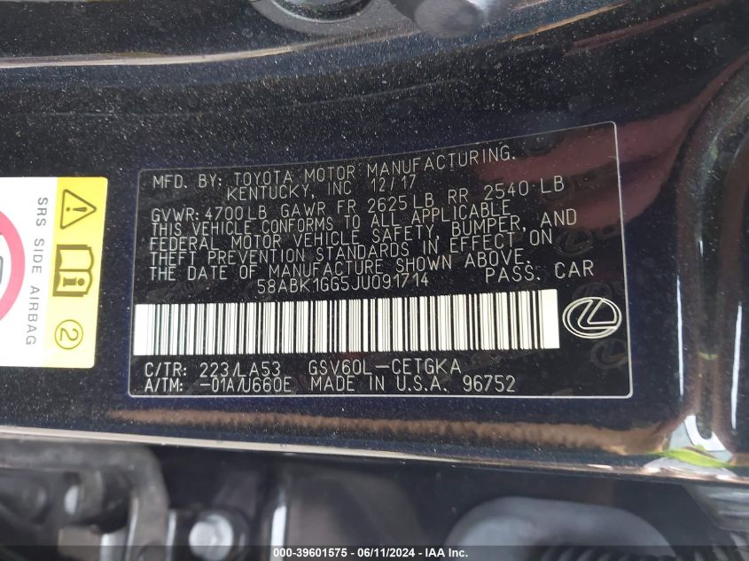 2018 Lexus Es 350 VIN: 58ABK1GG5JU091714 Lot: 39601575