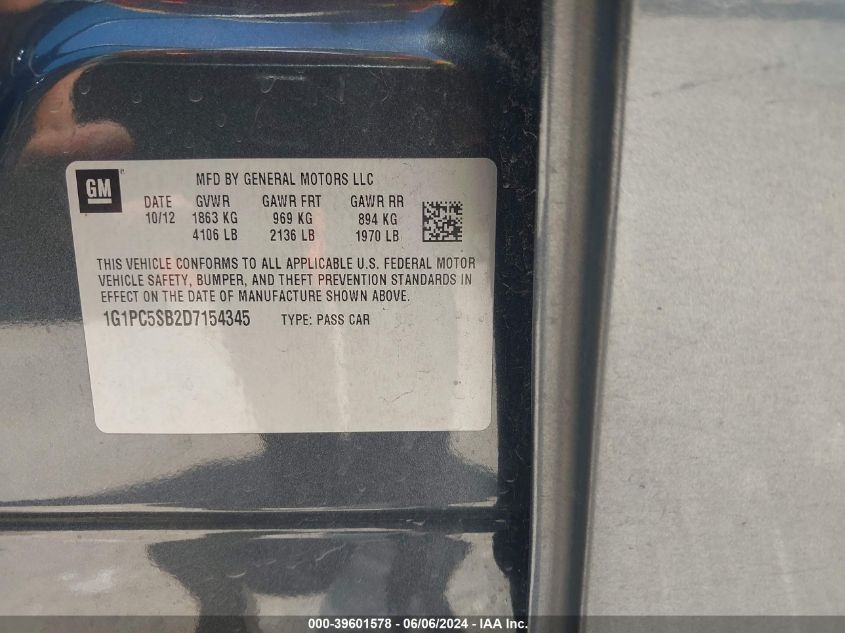 2013 Chevrolet Cruze 1Lt Auto VIN: 1G1PC5SB2D7154345 Lot: 39601578
