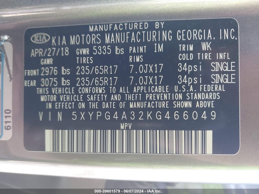 2019 Kia Sorento 2.4L L VIN: 5XYPG4A32KG466049 Lot: 39601579