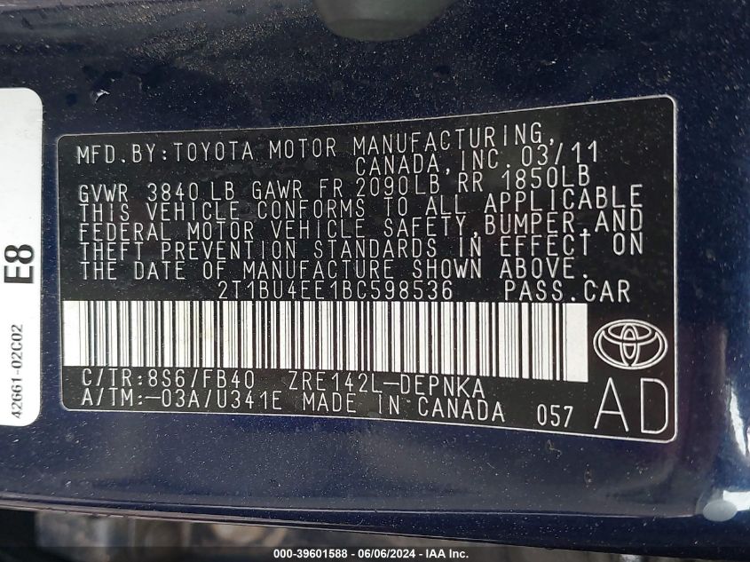 2011 Toyota Corolla Le VIN: 2T1BU4EE1BC598536 Lot: 39601588