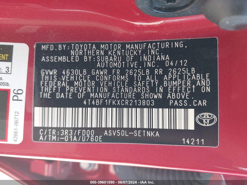 2012 Toyota Camry Le VIN: 4T4BF1FKXCR213803 Lot: 39601590