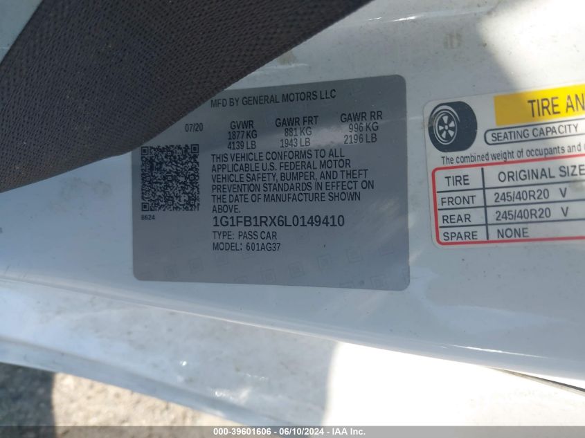 2020 Chevrolet Camaro Rwd 1Lt VIN: 1G1FB1RX6L0149410 Lot: 39601606