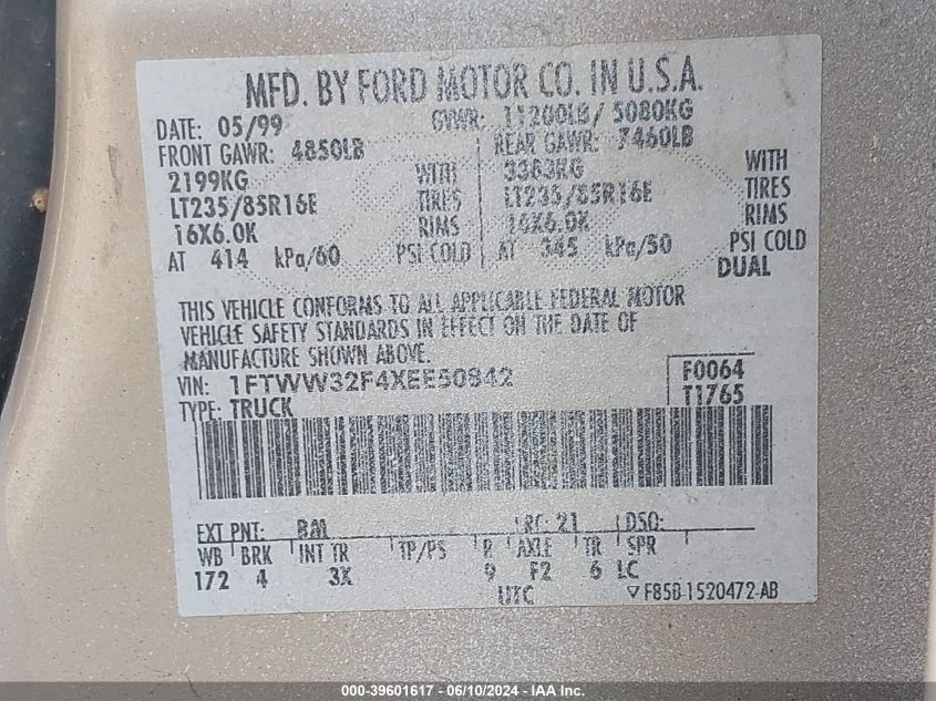 1999 Ford F-350 Lariat/Xl/Xlt VIN: 1FTWW32F4XEE50842 Lot: 39601617
