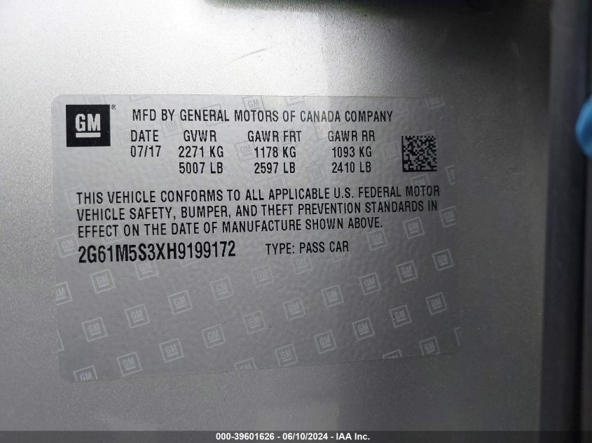 2017 Cadillac Xts Luxury VIN: 2G61M5S3XH9199172 Lot: 39601626