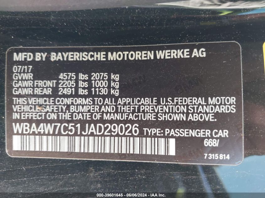 2018 BMW 440I VIN: WBA4W7C51JAD29026 Lot: 39601645