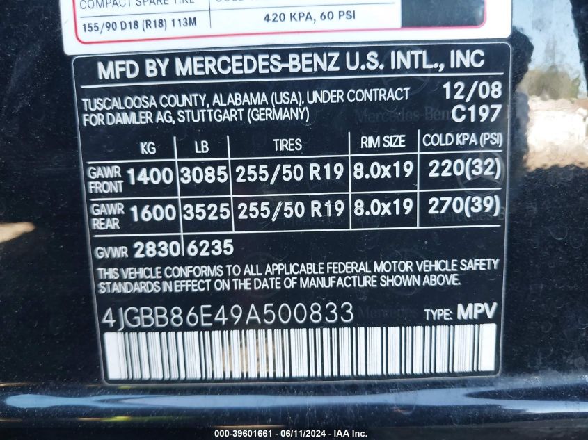 2009 Mercedes-Benz Ml 350 4Matic VIN: 4JGBB86E49A500833 Lot: 39601661