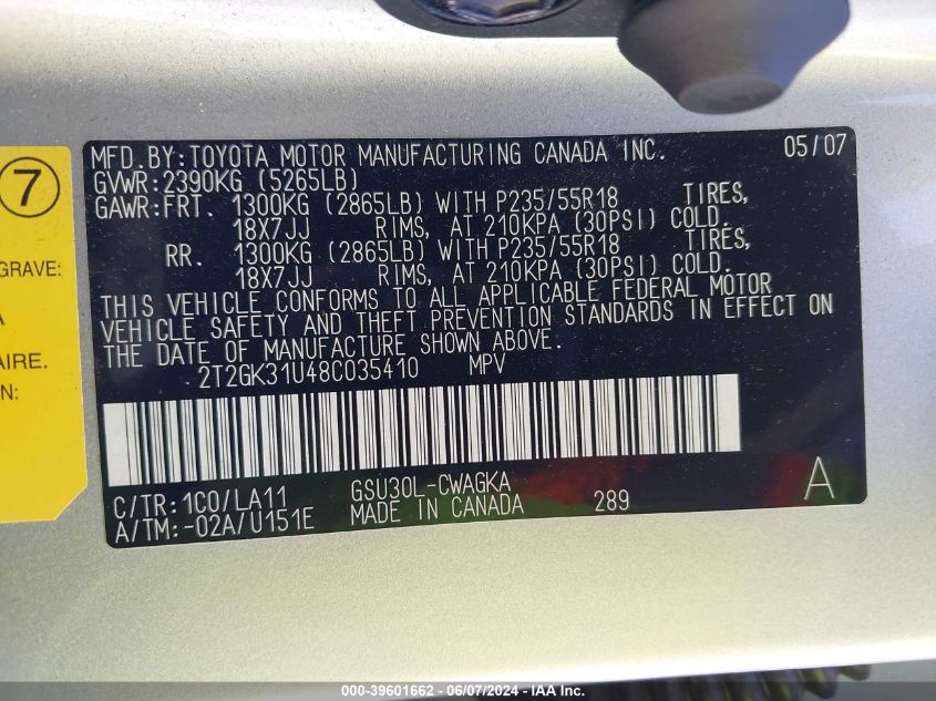 2008 Lexus Rx 350 VIN: 2T2GK31U48C035410 Lot: 39601662