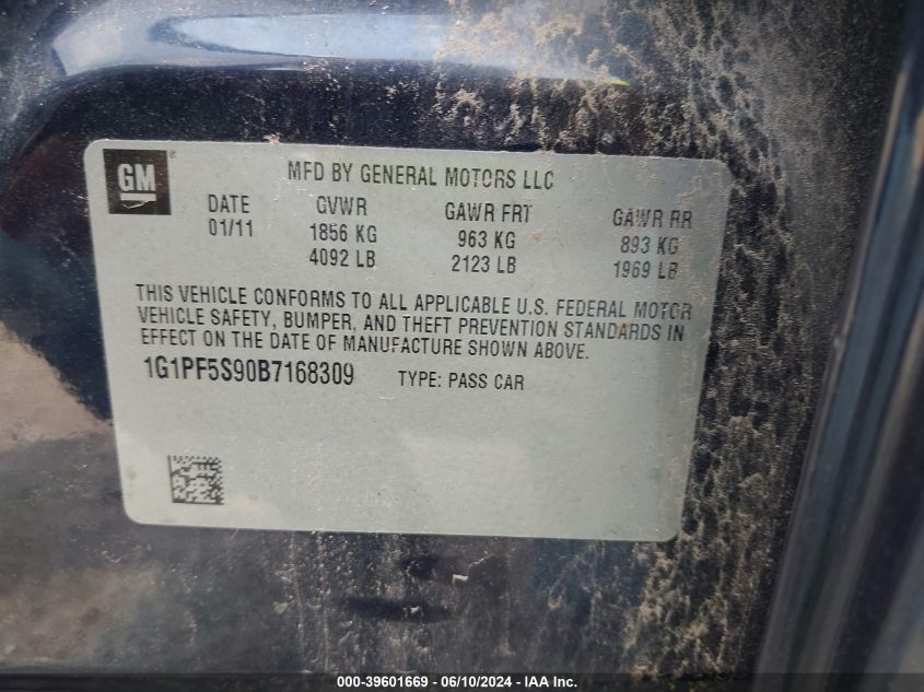 2011 Chevrolet Cruze 1Lt VIN: 1G1PF5S90B7168309 Lot: 39601669