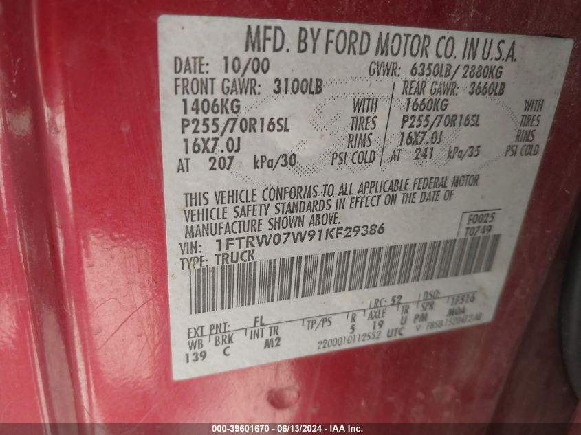 2001 Ford F-150 Harley-Davidson Edition/King Ranch Edition/Lariat/Xlt VIN: 1FTRW07W91KF29386 Lot: 39601670