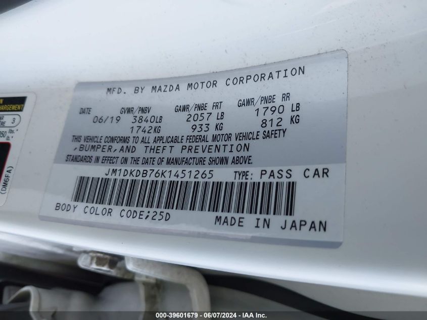 2019 Mazda Cx-3 Sport VIN: JM1DKDB76K1451265 Lot: 39601679