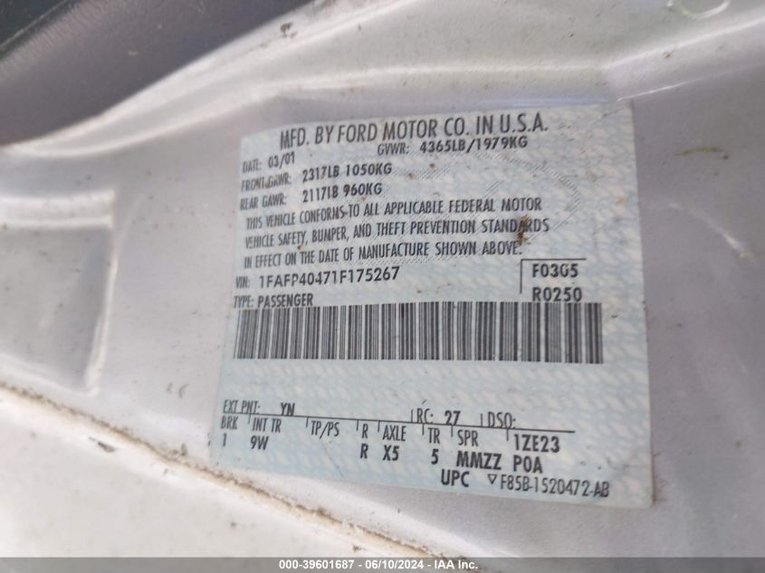 2001 Ford Mustang VIN: 1FAFP40471F175267 Lot: 39601687
