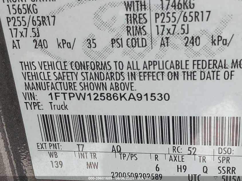 2006 Ford F-150 Lariat/Xlt VIN: 1FTPW12586KA91530 Lot: 39601689