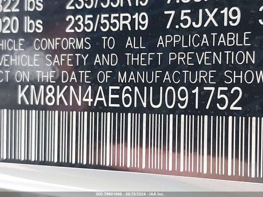 2022 Hyundai Ioniq 5 Sel VIN: KM8KN4AE6NU091752 Lot: 39601696