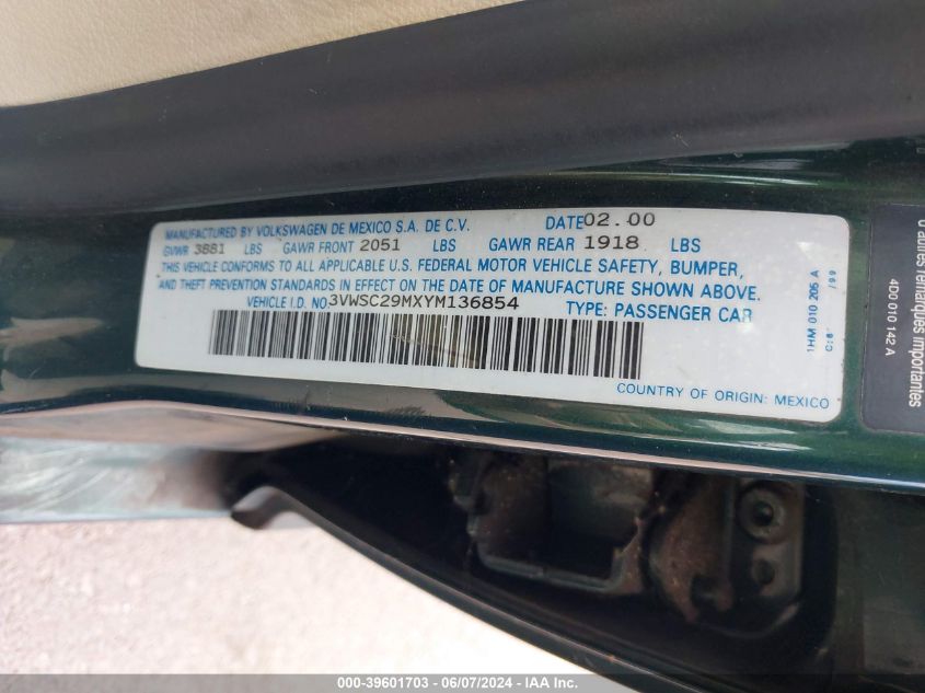 2000 Volkswagen Jetta Gls VIN: 3VWSC29MXYM136854 Lot: 39601703