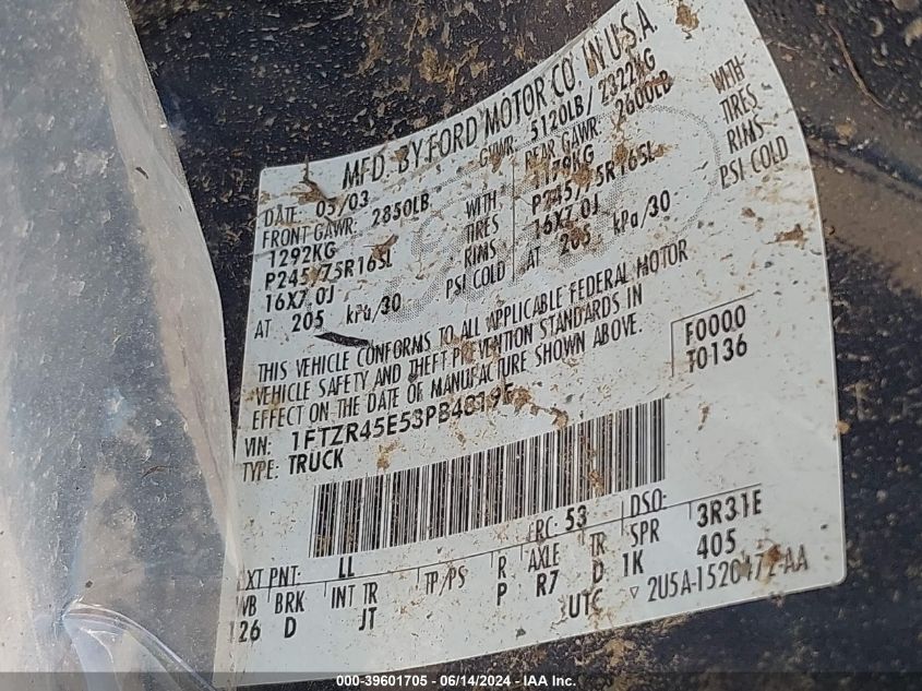 2003 Ford Ranger Edge/Xlt VIN: 1FTZR45E53PB48195 Lot: 39601705