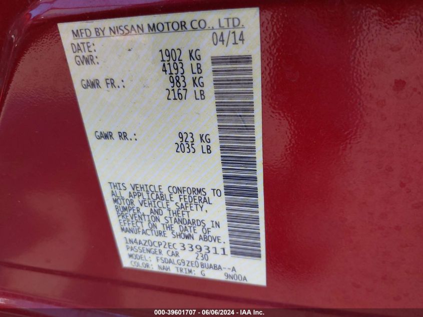 2014 Nissan Leaf Sl VIN: 1N4AZ0CP2EC339311 Lot: 39601707