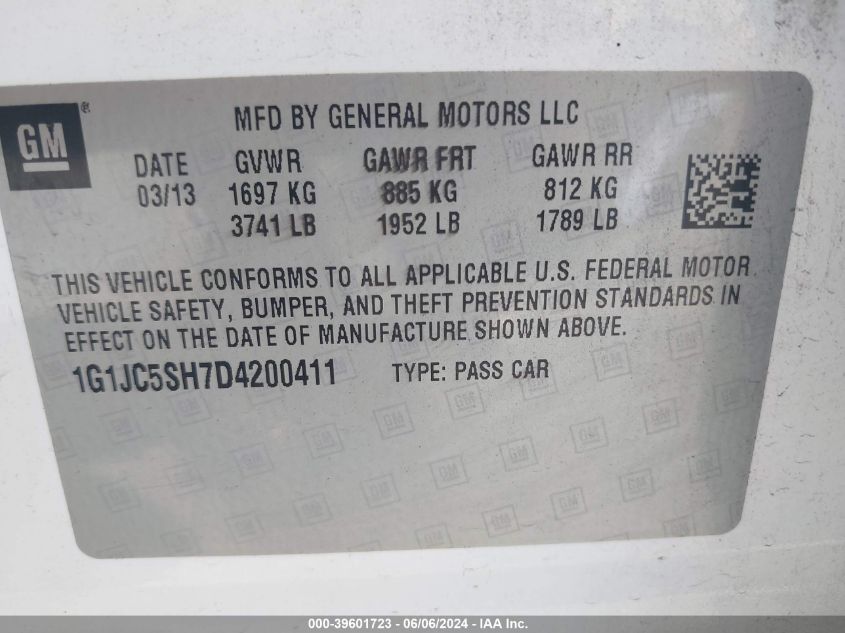 2013 Chevrolet Sonic Lt VIN: 1G1JC5SH7D4200411 Lot: 39601723