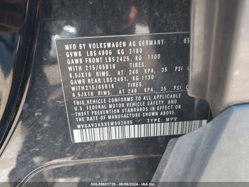 2014 Volkswagen Tiguan S VIN: WVGAV3AXXEW502095 Lot: 39601729