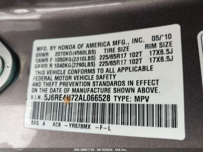 2010 Honda Cr-V Ex-L VIN: 5J6RE4H72AL066528 Lot: 39601730