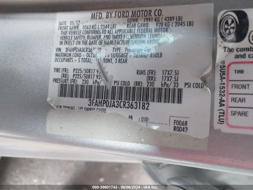 2012 Ford Fusion Sel VIN: 3FAHP0JA3CR363182 Lot: 39601743