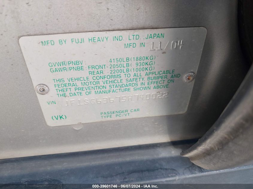 2005 Subaru Forester 2.5X VIN: JF1SG63675H740022 Lot: 39601746