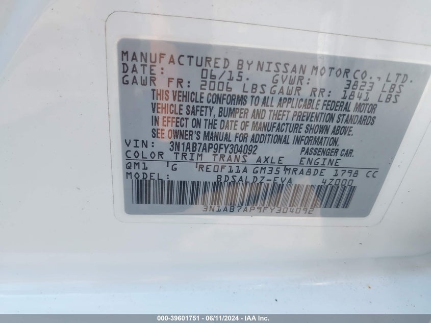 2015 Nissan Sentra Sv VIN: 3N1AB7AP9FY304092 Lot: 39601751