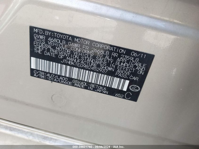 2011 Lexus Es 350 VIN: JTHBK1EG9B2452937 Lot: 39601760